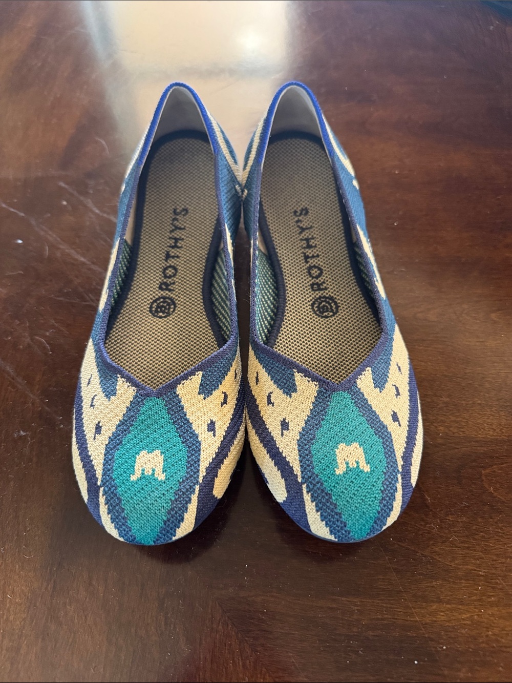 Rothy's Blue Teal Cream Patterned Knit Flats